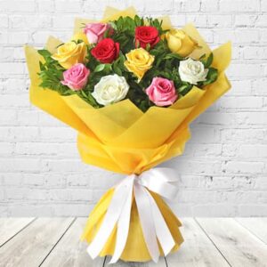 Colorful Mixed Roses Bouquet Wrapped in Yellow Paper